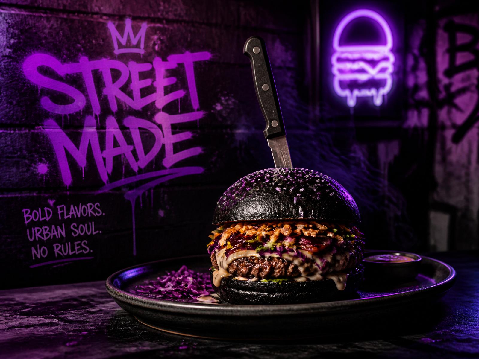 Street made burger under neon